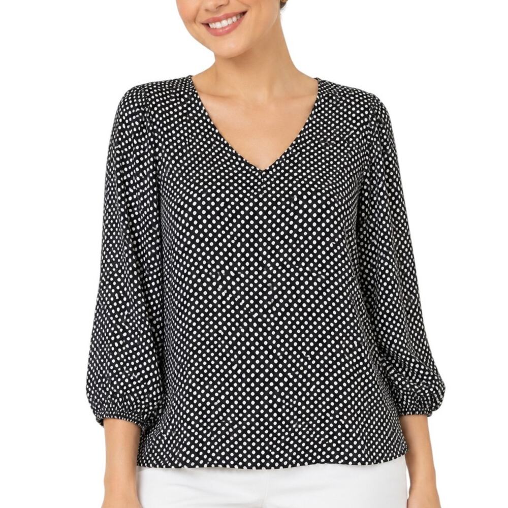 Como Black Crepe Blouse Black White Polka Dot V-Neck Women Medium NWT